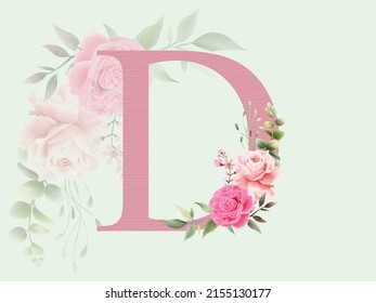 Beautiful alphabet D with floral watercolor bouquet