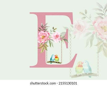 Beautiful alphabet E with floral watercolor bouquet
