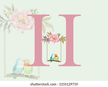 Beautiful alphabet H with floral watercolor bouquet