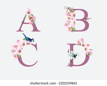 beautiful alphabet  with hand drawn of cherry blossom