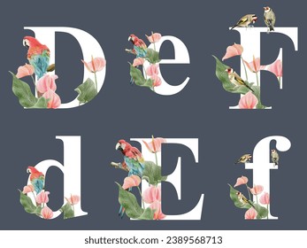 beautiful alphabet illustration of tropical life watercolor
