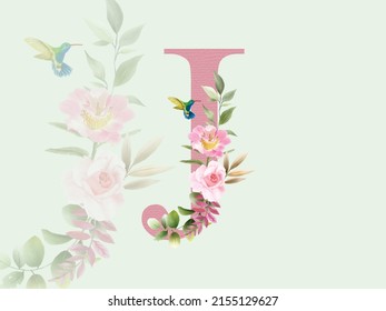 Beautiful alphabet J with floral watercolor bouquet