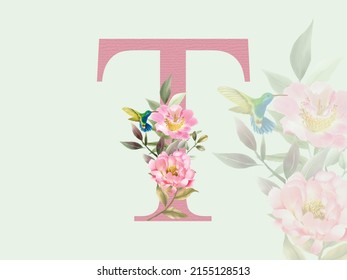 Beautiful alphabet T with floral watercolor bouquet