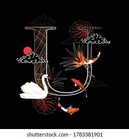 Beautiful Alphabet " U" with Oriental mood with swan, koi fish ,leaves and japanese chinese cloud vector EPS10, Desig for fashion,fabric,T-shirt,card ,wedding and all graphic type on black background