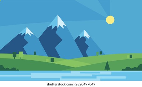 Beautiful alpine landscape featuring blue snow-capped mountains, green rolling hills, a calm lake, and a shining sun.