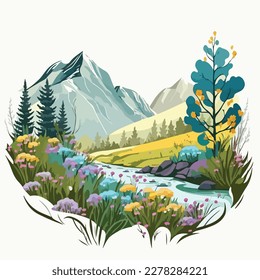 A beautiful alpine meadow with wildflowers, clear streams, and majestic views