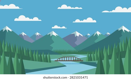 Beautiful alpine mountain landscape with a winding river a wooden bridge and dense evergreen pine forest trees.