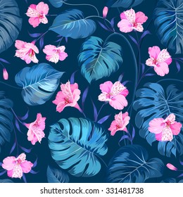 Beautiful alstroemeria on seamless background. Topical palm leaves on seamless pattern. Topical palm leaves and beautiful alstroemeria on seamless background. Vector illustration.