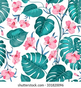 Beautiful alstroemeria on seamless background. Topical palm leaves on seamless pattern. Topical palm leaves and beautiful alstroemeria on seamless background. Vector illustration.