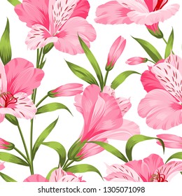 Beautiful alstroemeria on seamless pattern. Tropical flowers. Vector illustration.