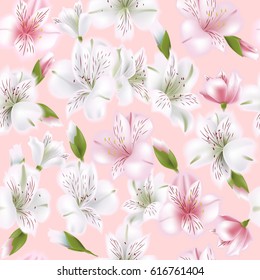 Beautiful alstroemeria on seamless pattern. Spring and summer background. Vector illustration.
