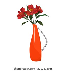 Beautiful alstroemeria tropical flower. Peruvian lily in vase, vector illustration isolated on white background.
