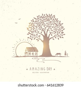 Beautiful and amazing big tree and house. Panorama landscape. Stylish vector illustration