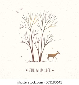 Beautiful and amazing stylized deer and trees. Hand drawn sketch. Stylish vector illustration