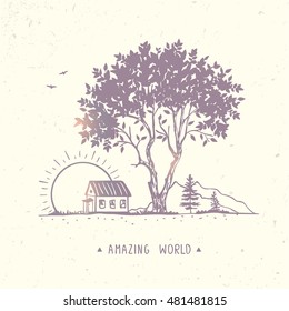 Beautiful and amazing tree and house. Stylish vector illustration