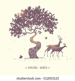 Beautiful and amazing of two character stylized deer and tree. Stylish vector illustration. Silhouette Deer