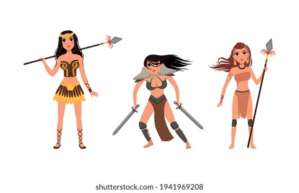 Beautiful Amazon Girls Set, Woman Ancient Warriors Characters Fighting with Spears and Swords Cartoon Vector Illustration