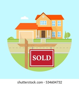 Beautiful american house on the blue background with SOLD sign. For web design and application interface, also useful for infographics. Family house icon isolated on white background. Real estate.