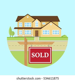 Beautiful american house on the blue background with SOLD sign. For web design and application interface, also useful for infographics. Family house icon isolated on white background. Real estate.