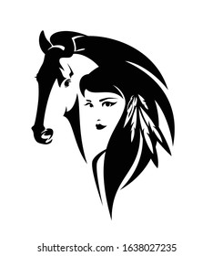 beautiful american indian woman with feathers in long hear and wild mustang horse head - native tribal spiritual culture black and white vector design