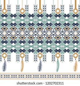 Beautiful american north indian geometry, seamless border. Native embroidery with feathers. Boho chic style. Hand drawn ornate background for fashion design, textile, paper, card and cover. Colorful