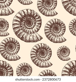 Beautiful ammonite fossils seamles pattern sketck over pastel yellow background