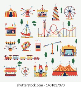 Beautiful Amusement Park design elements bundle. Wide selection of summer fair or festival attractions, rides and games featuring circus tents, rollercoaster, ferris wheel, kiosks, carousels and more