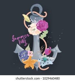 Beautiful anchor decorated with flowers, starfish and rope. Summer Vibes lettering