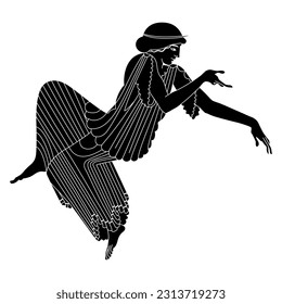 Beautiful ancient Greek woman seated in reclining pose. Vase painting style. Black and white negative silhouette.