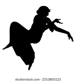 Beautiful ancient Greek woman seated in reclining pose. Vase painting style. Black silhouette on white background.
