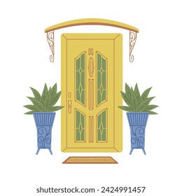 Beautiful ancient house doorway decorated with flowers, flat vector illustration isolated on white background. Building doors in classic architecture style.