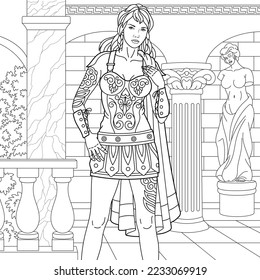 Beautiful ancient Roman or Greek goddess woman. Adult coloring book page in mandala style