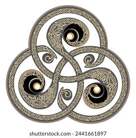 Hermosa vintage triskelion antiguo con patrón de nudo celta. Ornamento de espiral celta de triple goteo. Viejo símbolo irlandés. Signo de magia étnica. Impresión para logotipo, icono, moneda, tatuaje. Ilustración vectorial plana