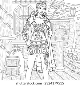 Beautiful ancient woman on the ship. Adult coloring book page with intricate ornament.