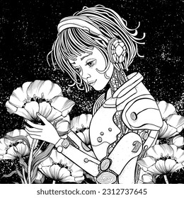 Beautiful android robot girl holding a flower in her hands. Zentangle style. Black and white doodle coloring book page for adult and children.