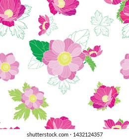 Beautiful Anemone Flower Seamless Pattern Isolated in White For Textile, Wallpaper, Decoration, Printing