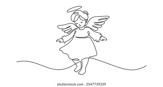 Beautiful Angel Baby in one continuous line drawing. Christmas cherub and easter symbol in simple linear style. Elegance logo editable stroke. Doodle vector illustration