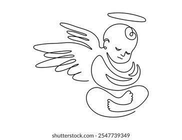 Beautiful Angel Baby in one continuous line drawing. Christmas cherub and easter symbol in simple linear style. Elegance logo editable stroke. Doodle sketch vector illustration