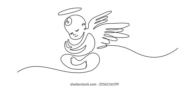 Beautiful Angel Baby in one continuous line drawing. Christmas cherub and easter symbol in simple linear style. Elegance logo editable stroke. Doodle vector illustration