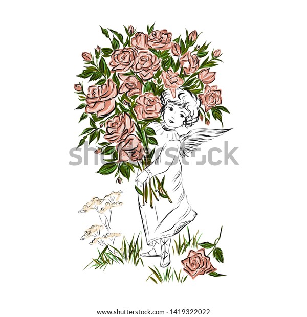 Beautiful Angel Flowers Hand Drawn Childrens Stock Vector