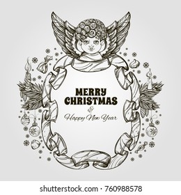 Beautiful angel with a frame made of ribbon. Decorative design element for Christmas and New Year greeting cards, invitations and other items.