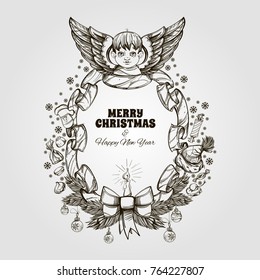 Beautiful angel with a frame made of ribbon. Decorative design element for Christmas and New Year greeting cards, invitations and other items.