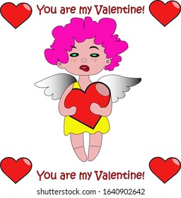 Beautiful angel girl on valentines day holds heart