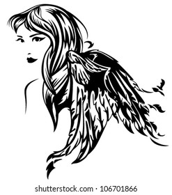 beautiful angel girl vector illustration - black and white profile portrait