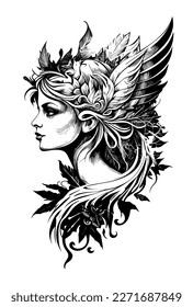 beautiful angel leaf and wings ornament hand drawn illustration
