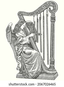 Beautiful angel playing a harp with engraving style. Vintage vector illustration