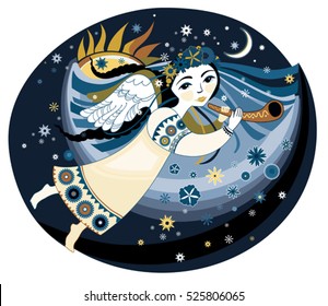 Beautiful angel with the trumpet flying in the night sky clouds. Vector illustration.