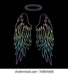 Beautiful angel wings and halo isolated black  Vector illustration