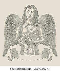 Beautiful angel with wings holding feather and bring a book design concept inspiration for your business purpose. Vintage engraving drawing style illustration