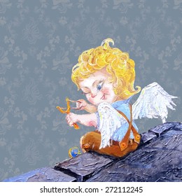 Beautiful angel with wings vector. Little angel cartoon illustrations. Oil painting.